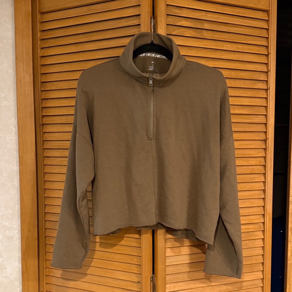 Aerie Women Olive Green Quarter Zip Cropped Sweatshirt Fleece Pullover sz L cozy